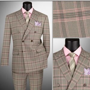 MEN'S VINCI 2 PIECE MODERN FIT GLEN PLAID DOUBLE BREASTED SUIT MDW-2 LIGHT TAUPE